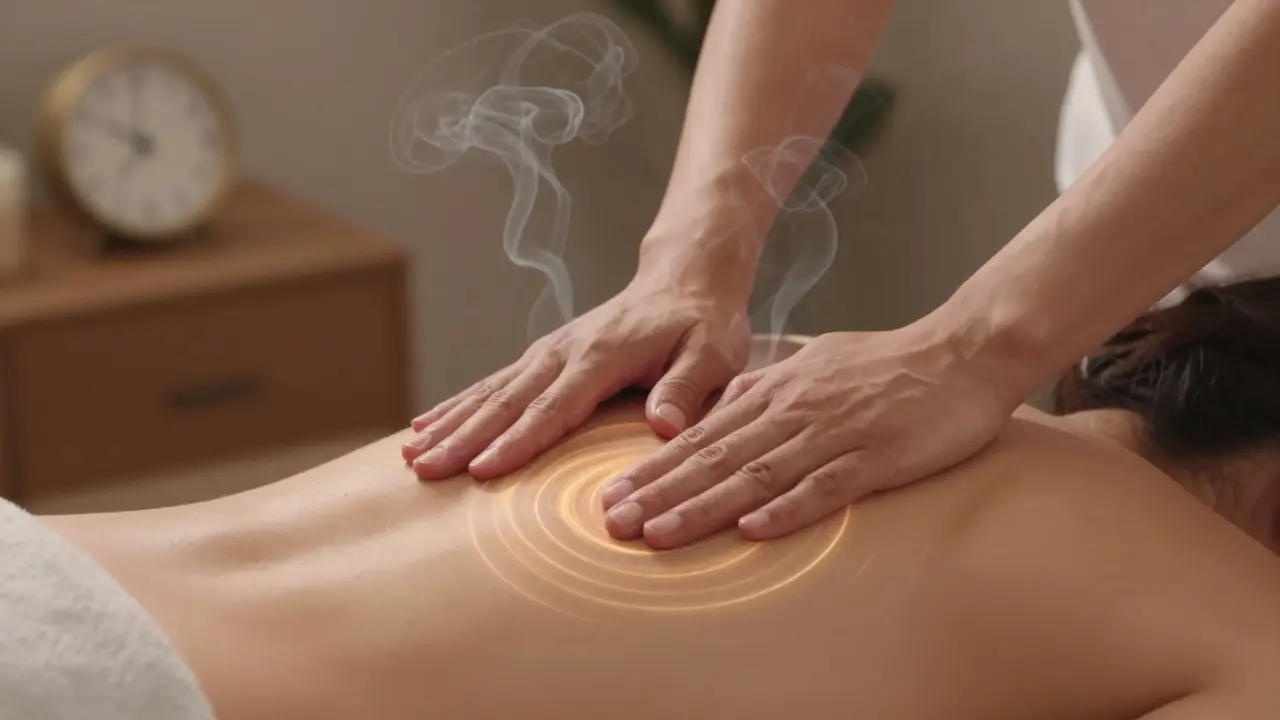 Ruce jemně masírují dolní část zády a břicha, symbolizujíce uvolnění napětí a zlepšení oběhu.