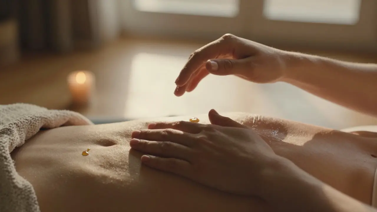 Ruka jemně dotýká břicha, zlaté světlo osvětluje teplý olej — bez sexuálního významu, jen tělo a pokoj.