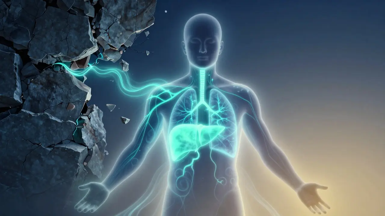 Symbolický obraz toku qi v těle, který obnovuje energii mezi klíčovými orgány a svaly.