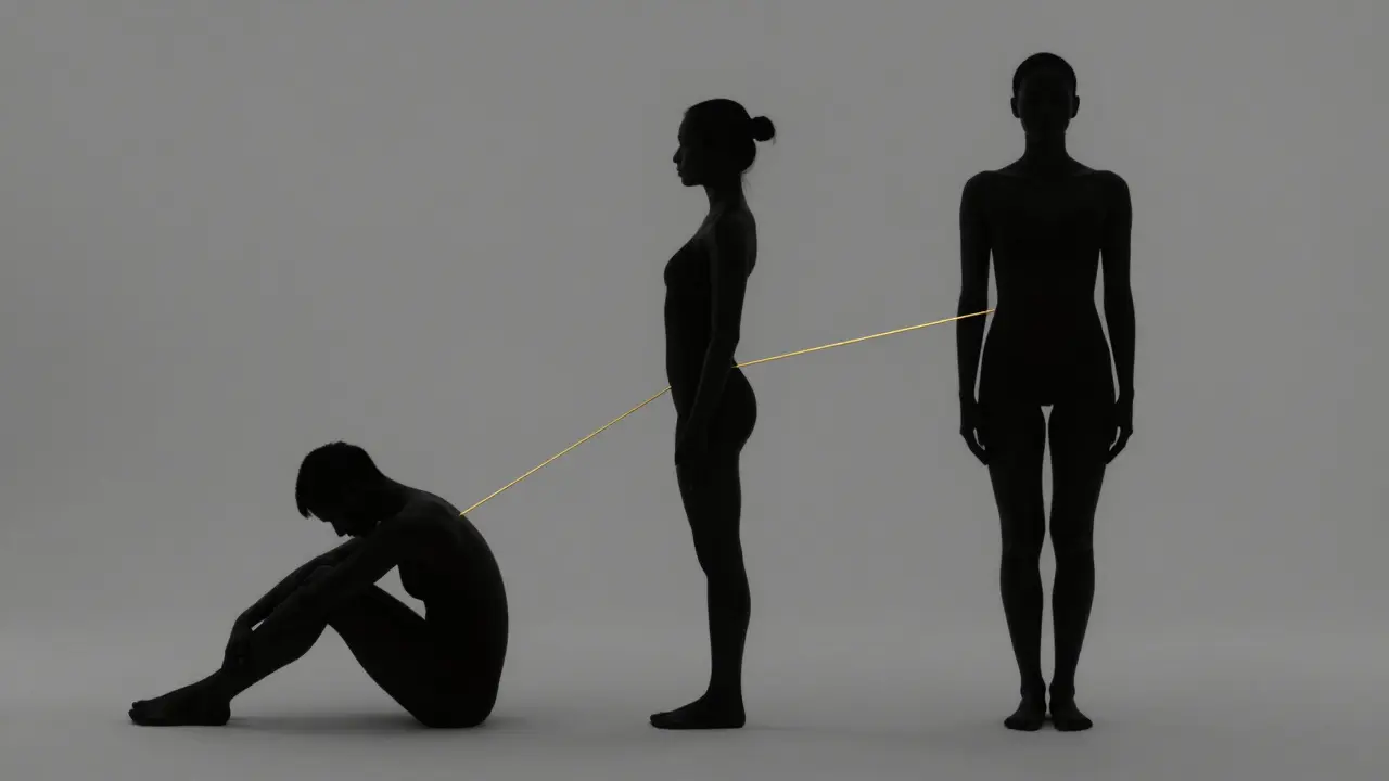 Tři postavy s různými postojemi, propojené zlatou nití, která ukazuje, jak se vyrovnání páteře ovlivňuje celé tělo.