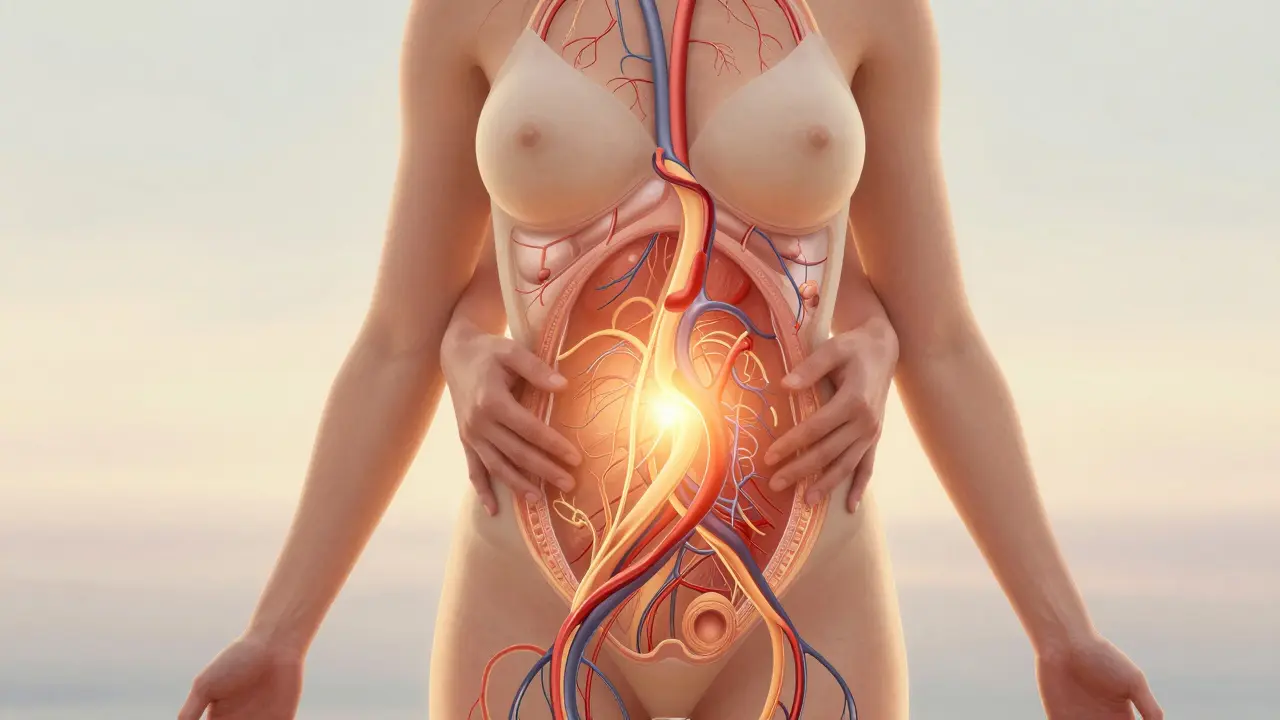 Umělecké znázornění lymfatického a abdominálního toku po porodu s jemnými rukama podporujícími hojení.