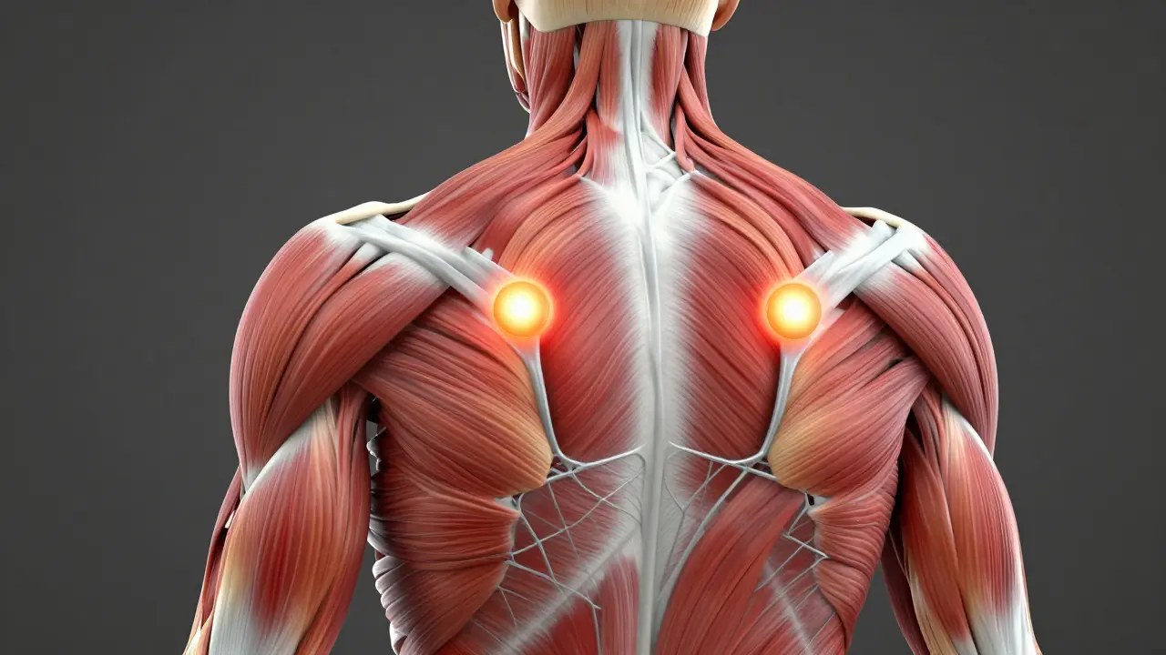 Anatomický model zad s vyznačenými bolestivými trigger pointy a fascií.