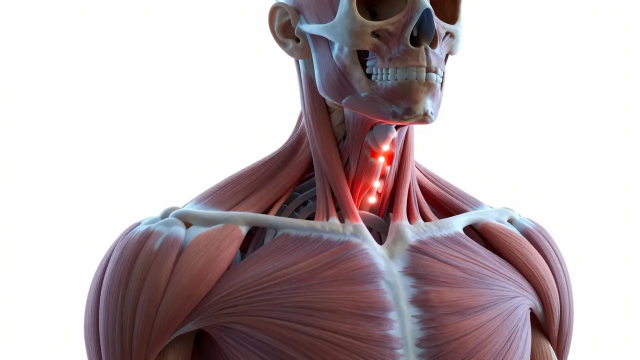 Anatomický nákres s vyznačenými bolestivými trigger body v krku a ramenou.