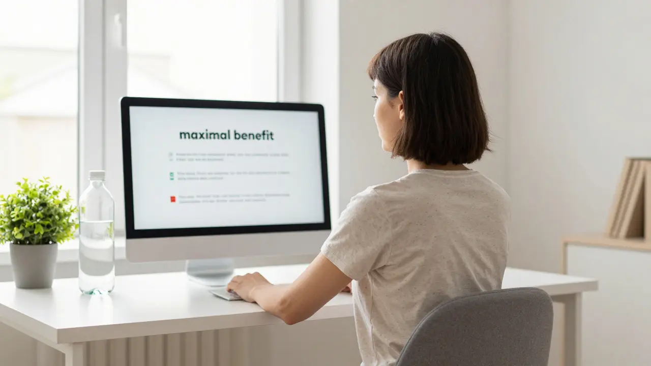 Člověk s pravidelným držení těla u počítače a sklenicí vody na stole.