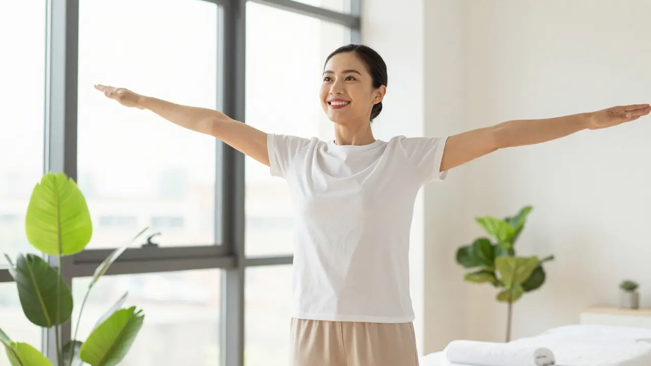 Člověk s vyrovnaným postoji a pocitem lehkosti po masáži.