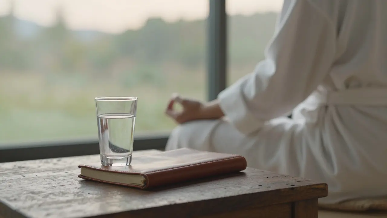 Klidné prostředí pro integraci po masáži s deníkem a sklenicí vody.