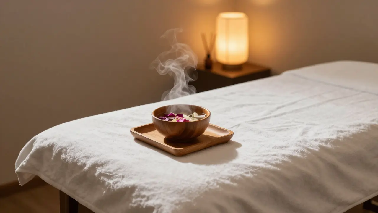 Klidný interiér spa s masážním lůžkem a aromaterapeutickými doplňky.