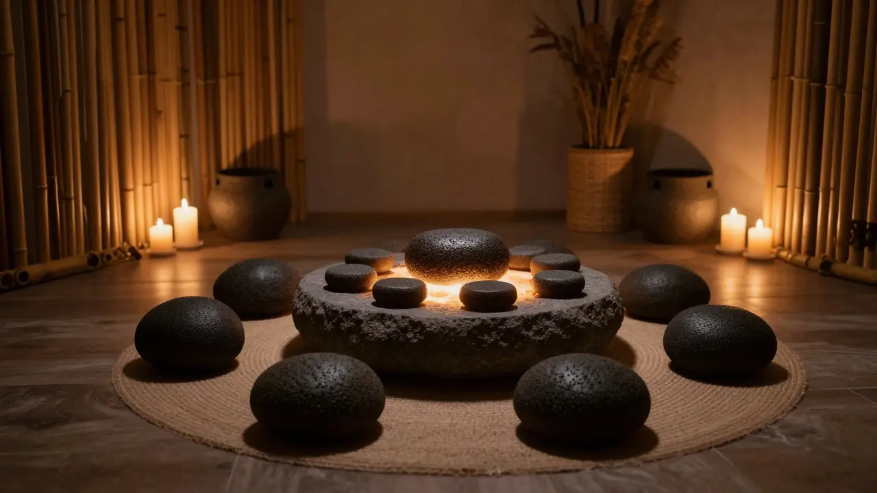 Klidný interiér wellness centra s ohřívačem na masážní kameny.