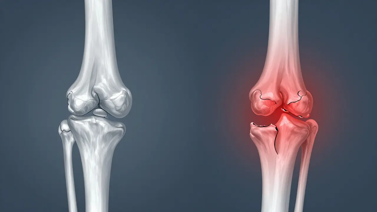 Konceptuální srovnání zdravého a artrózou postiženého psího kloubu s červeným zánětem.