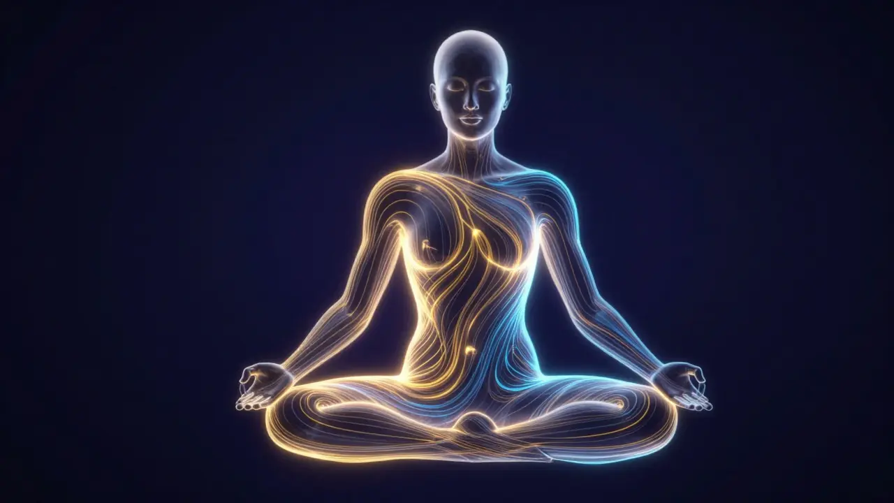 Konceptuální znázornění energetických linií Sen v lidském těle.