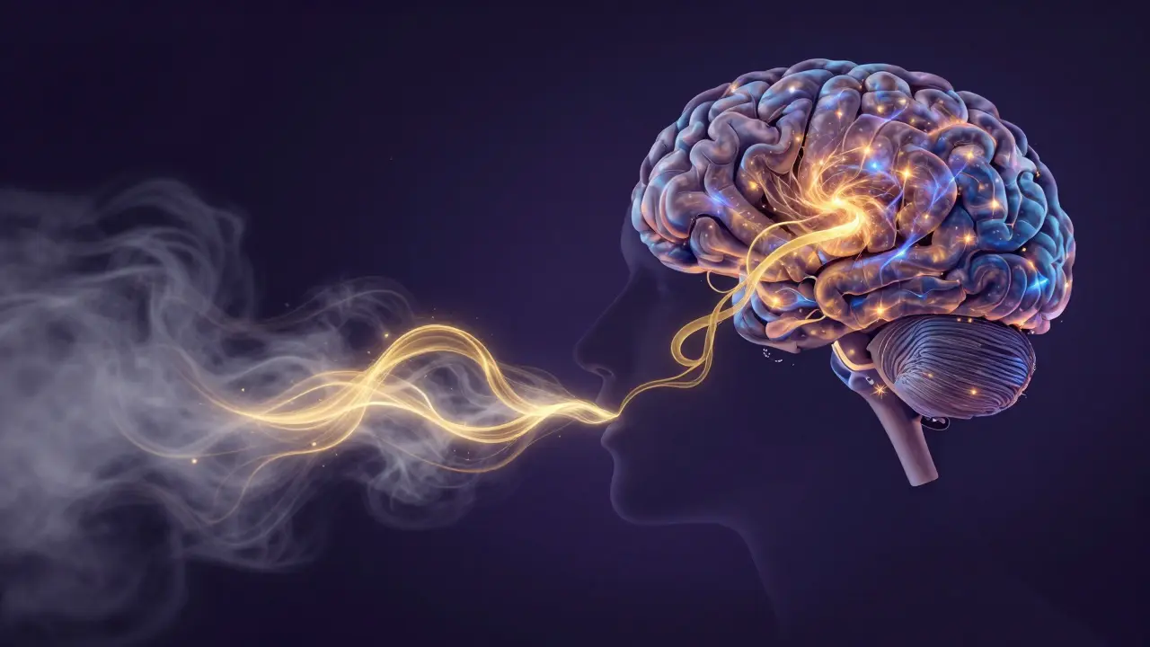 Konceptuální zobrazení cesty vůně z nosu do limbického systému mozku.