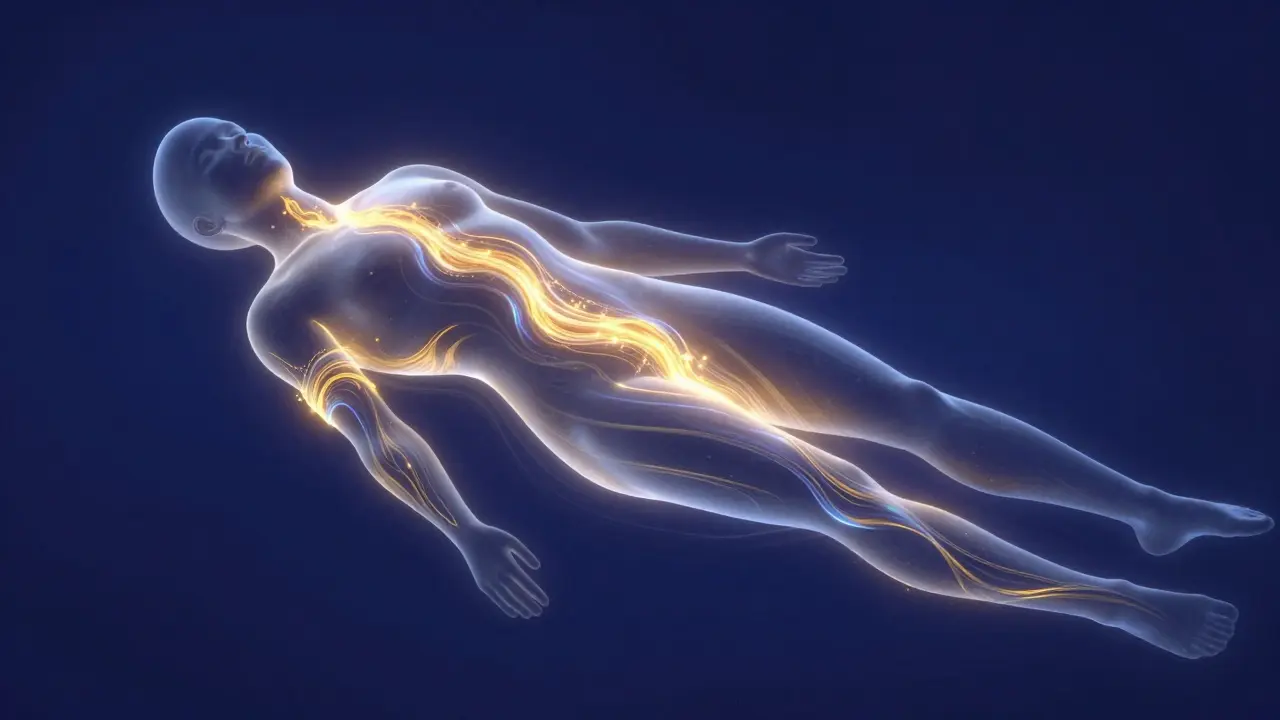 Konceptuální zobrazení energetických vln protékajících lidským tělem.