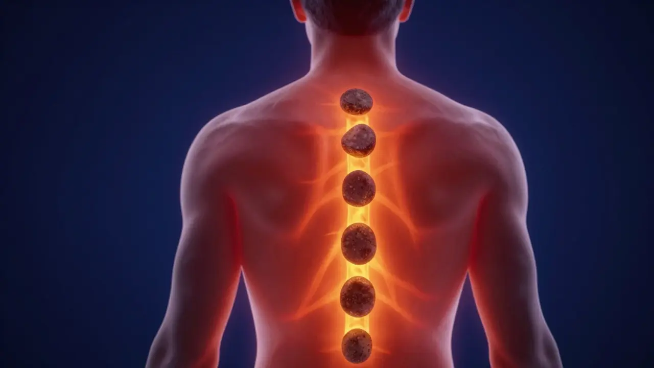 Konceptuální zobrazení prohřátí svalů a uvolnění napětí v zádech.