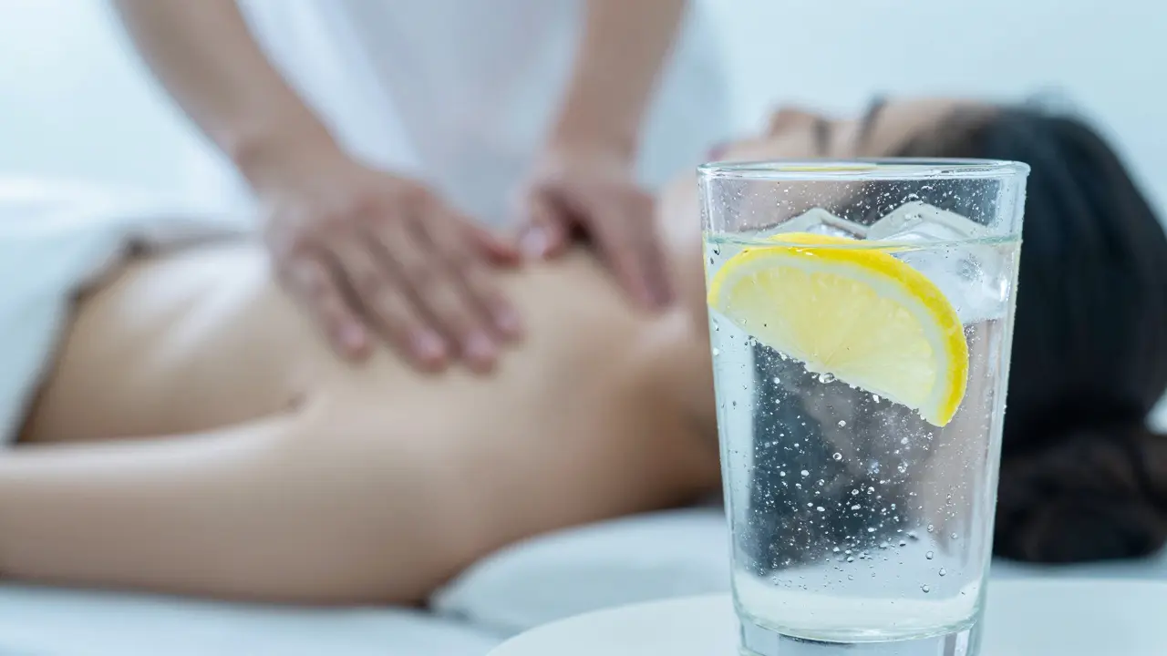 Křišťálově čistá sklenice vody s citronem symbolizující detoxikaci po masáži.
