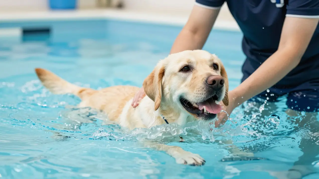 Labrador radostně plave v bazénu během rehabilitace kloubů.