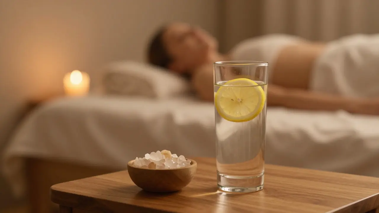 Sklenice vody a svíčka na nočním stolku jako součást rituálu pro lepší spánek.