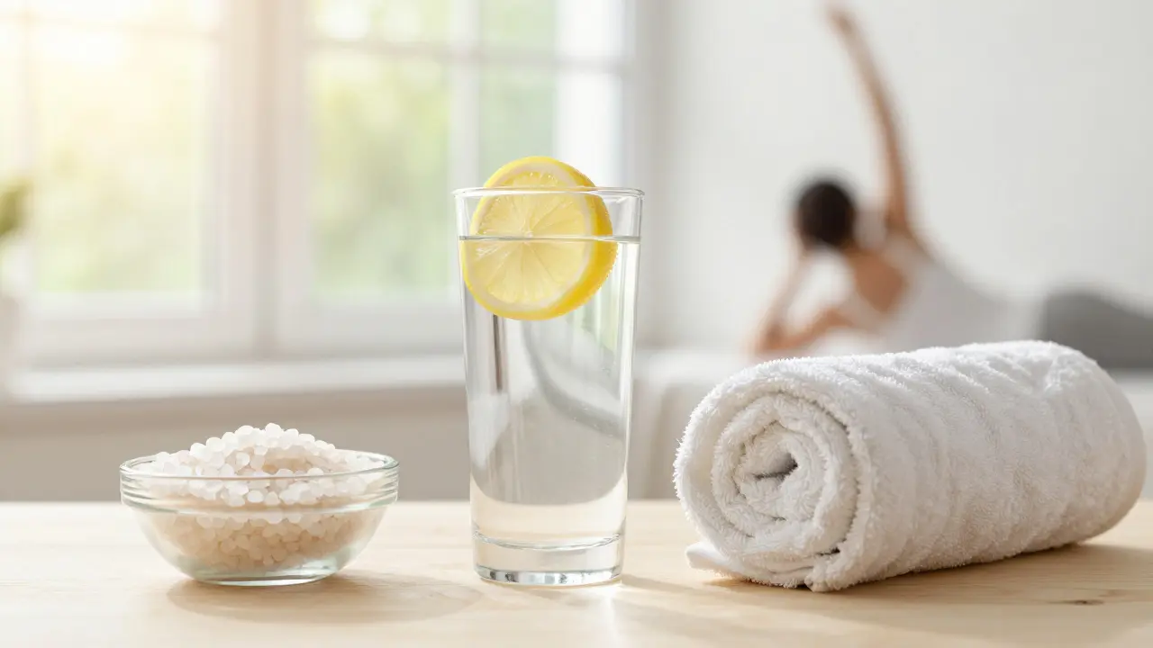 Stůl s vodou, solí do koupelí a ručníkem jako symbol péče o tělo po masáži.