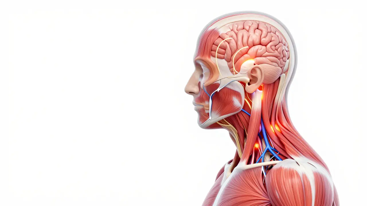 Anatomická ilustrace napjatých svalů krku způsobujících migrénu