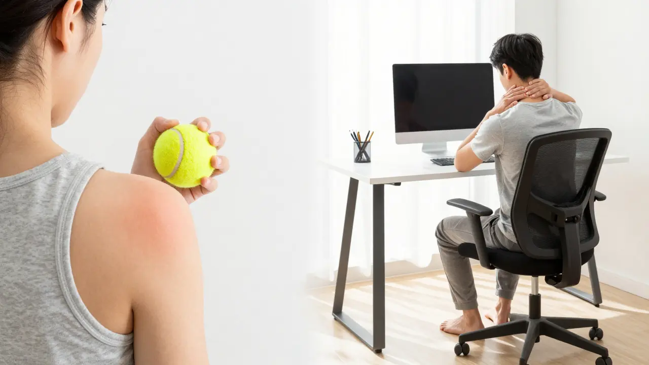 Člověk používá tenisový míček na uvolnění svalů a ergonomii pracoviště