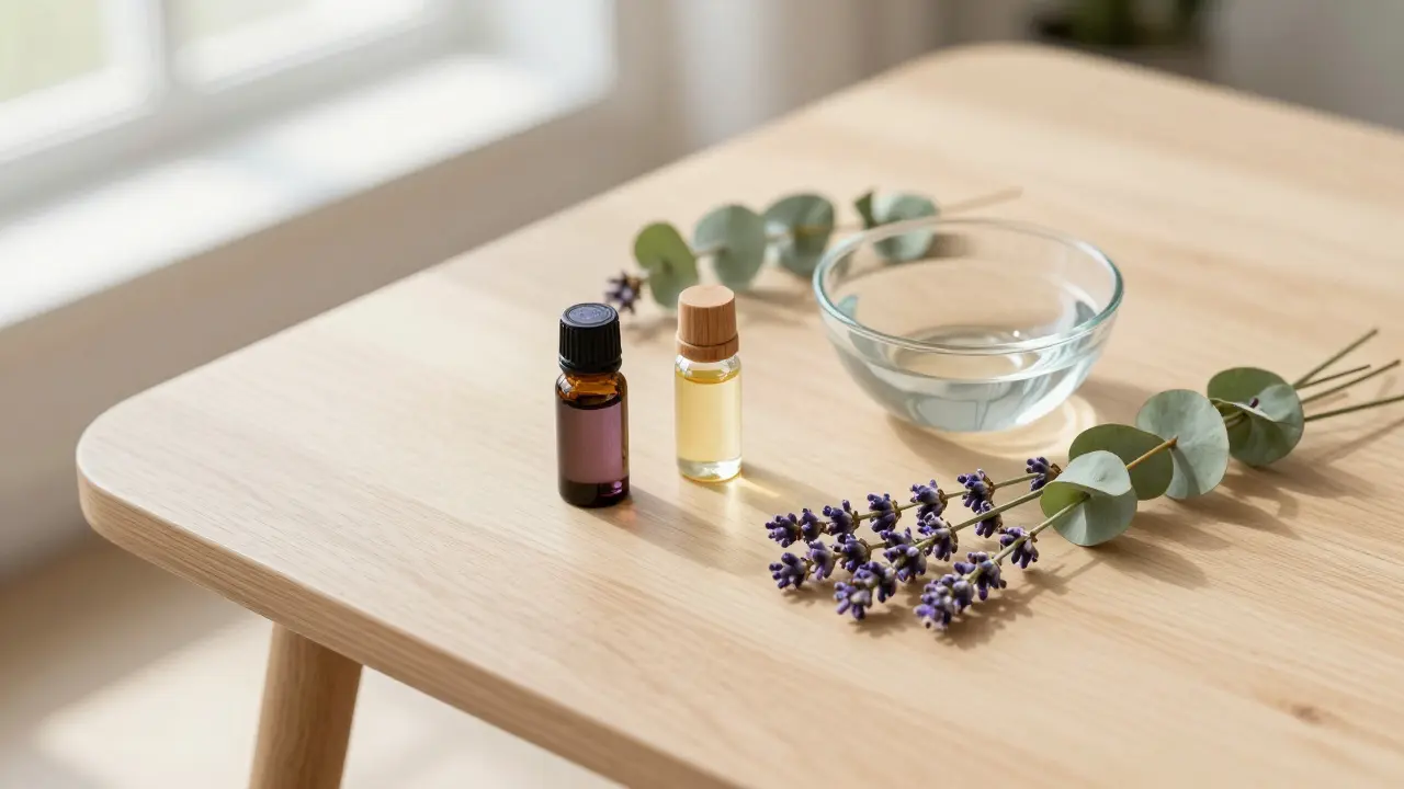 Eterické oleje a byliny pro aromaterapii na stole