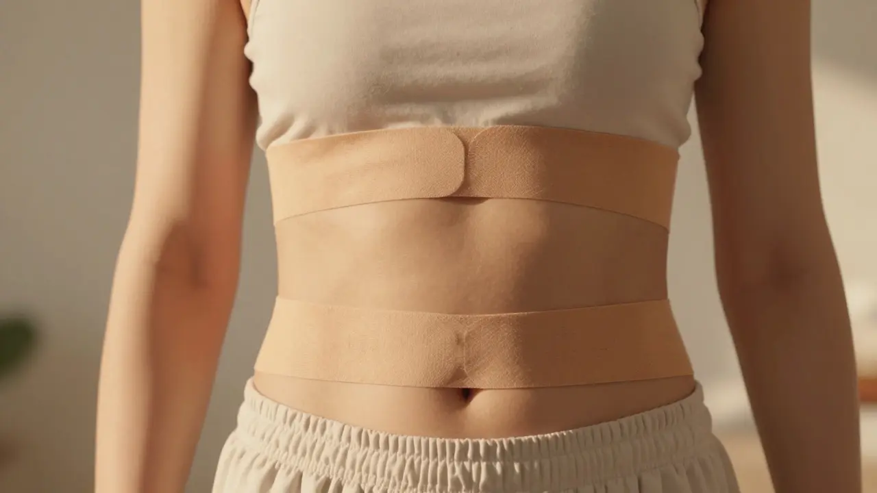 Horizontální kinesiotape na žebrech pro uvolnění bránice