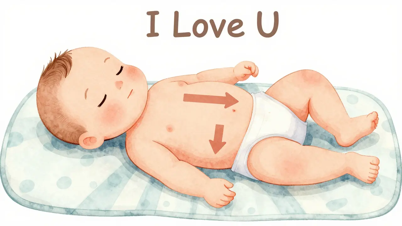 Ilustrace techniky masáže bříška I Love U pro úlevu od kolik u kojenců