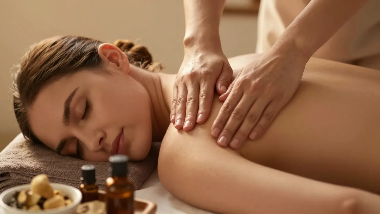 Osoba relaxující při terapeutické masáži šíje a ramen v klidném prostředí