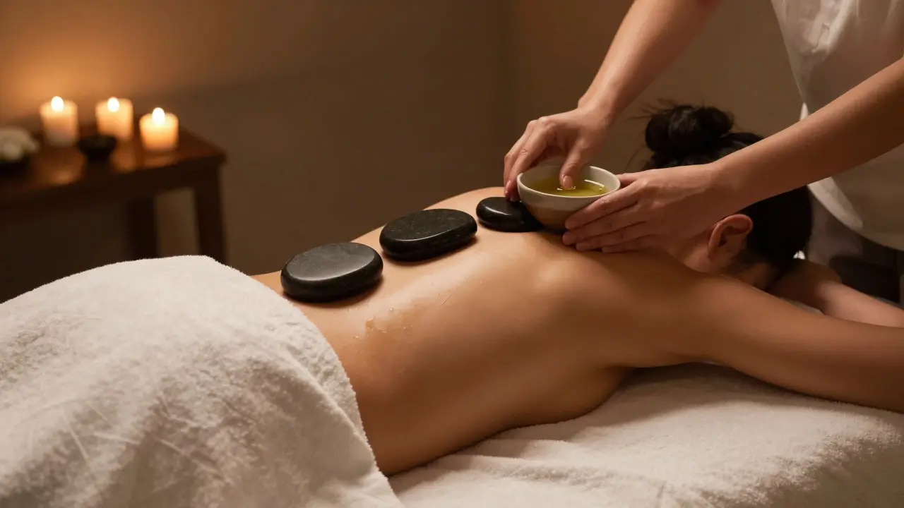 Hot stone massage with therapist applying oil to client's back
