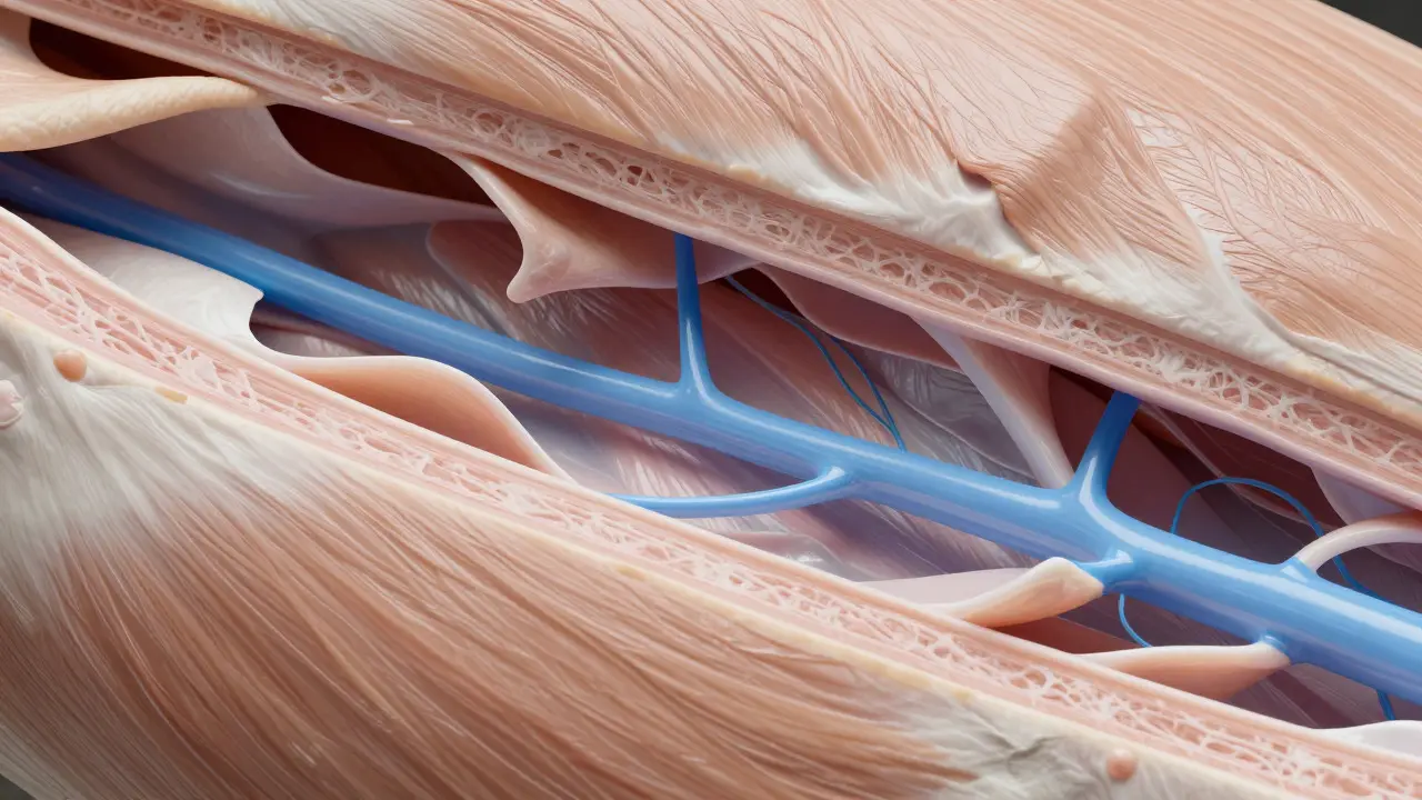 Macro view of stiff fascia tissue with blocked lymphatic flow