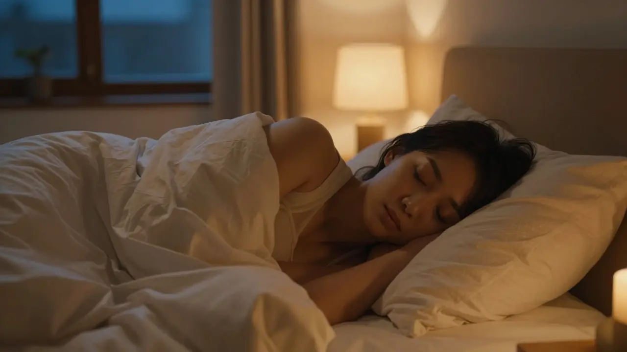 Person sleeping peacefully in a cozy, dimly lit bedroom