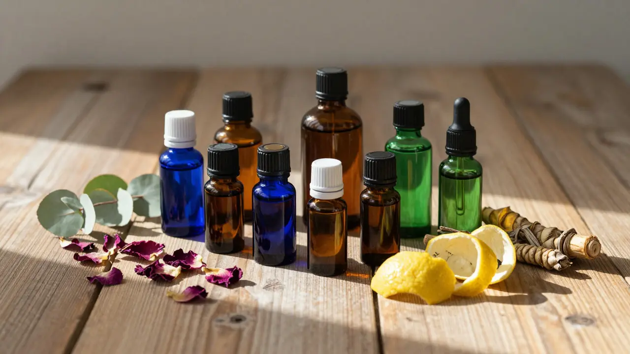 Still life of essential oil bottles with herbs and citrus peels