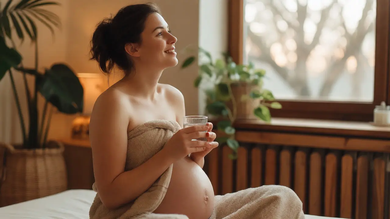 Uvolněná těhotná žena pije vodu po masáži, vyzařuje klid a pocit pohody.