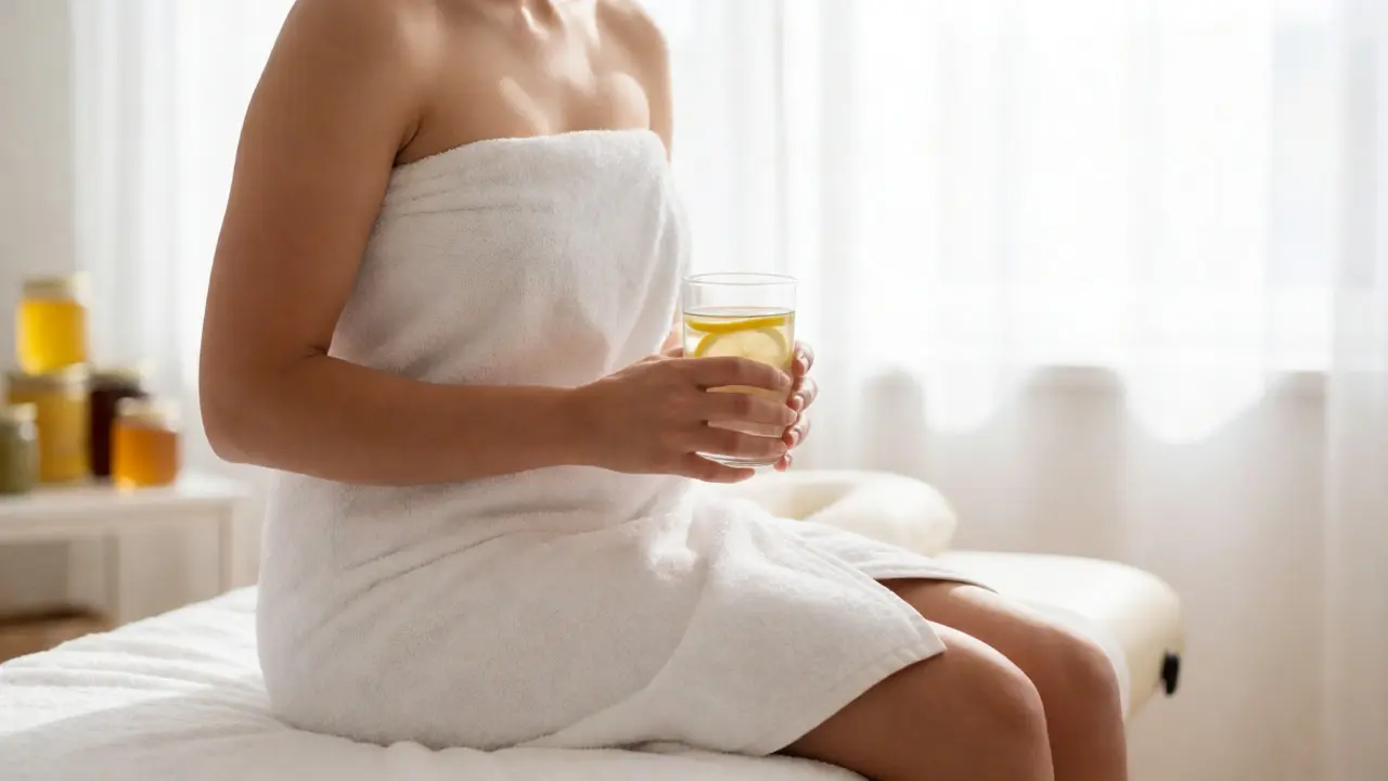Žena po medové masáži pije citronovou vodu s čistou a zářivou pokožkou