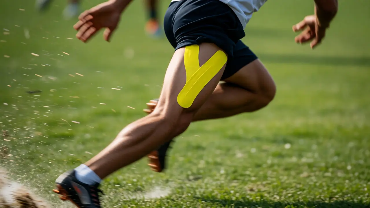 Fotbalista se žlutým tejpem na hamstringu během sprintu