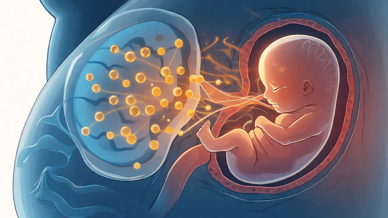 Ilustrace kofeinu procházejícího placentou k plodu