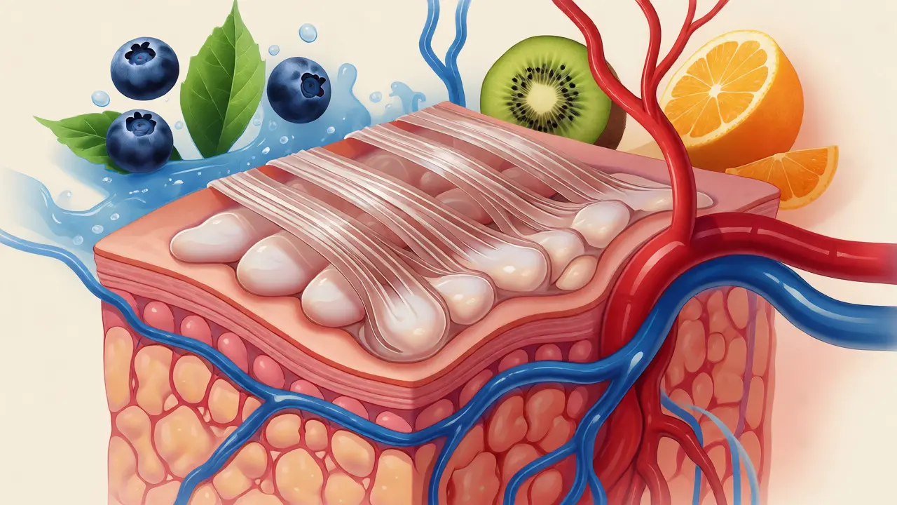 Ilustrace zdravé struktury kůže a kolagenu obklopená ovocem a proudy tekutin