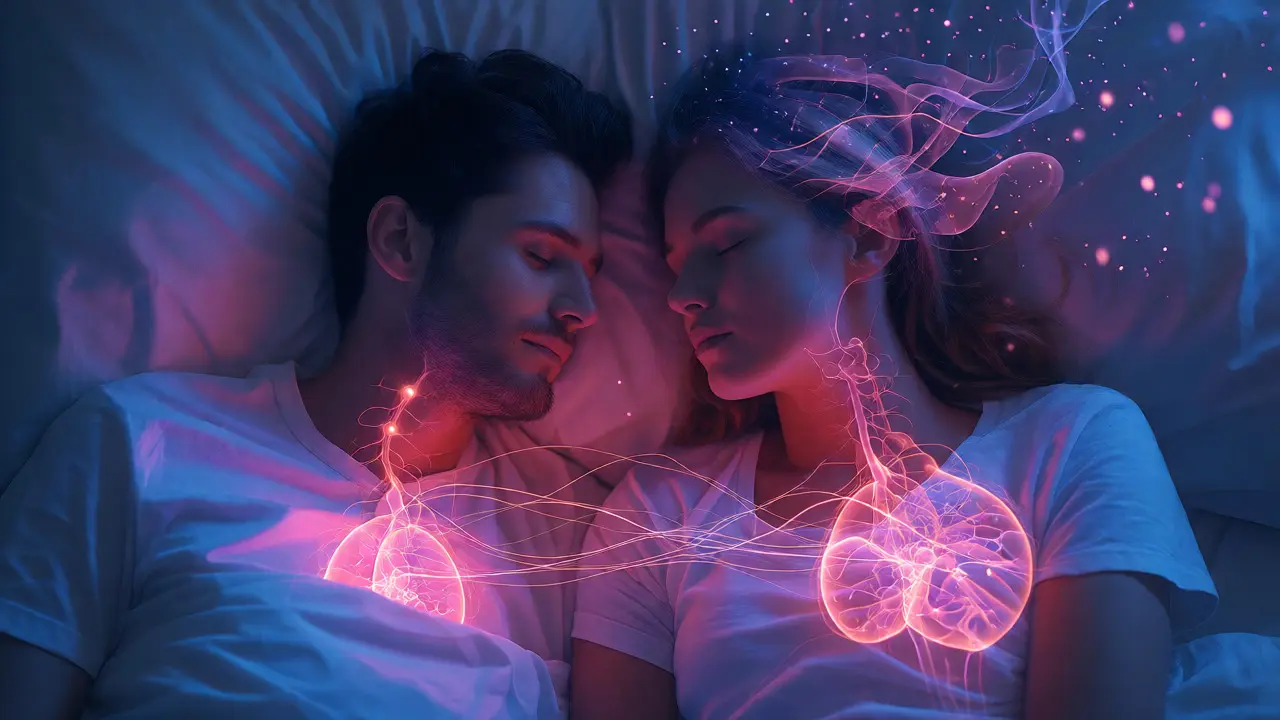 Konceptuální obraz páru ležícího vedle sebe se světelnými liniemi symbolizujícími energetické spojení.