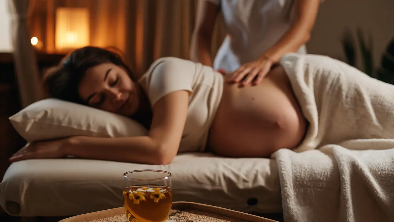 Relaxační masáž zad těhotné ženy u šálku čaje